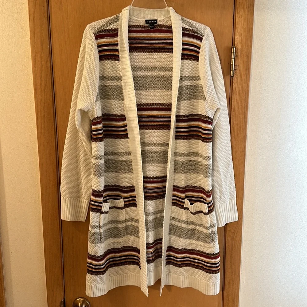 Torrid Ivory Stripe Shawl Knit Cardigan Sweater Open Front Pockets Plus Size 1
